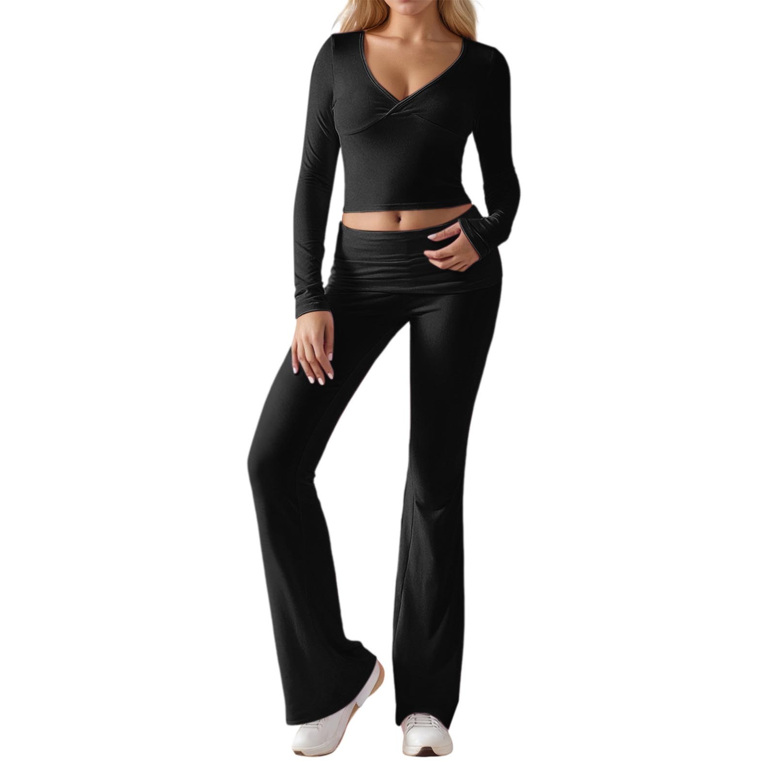 thumbnail image 1 of Conjunto de entrenamiento de 2 piezas para mujer: top corto de manga larga y pantalones de yoga con vuelta, conjunto de fitness a juego, 1 of 5